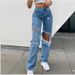 's New Blue Cotton Jeans For Women With Butterfly Print, Washed And Distressed, High-waisted Wide-leg Pants_mkmklike.com