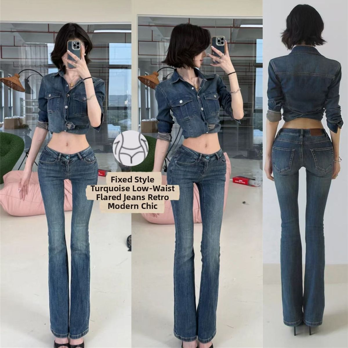 Retro Wide Leg Flared Jeans Blue Low Waisted Slim Fit Washed Distressed Floor Length Trousers for Women Autumn Style_mkmklike.com