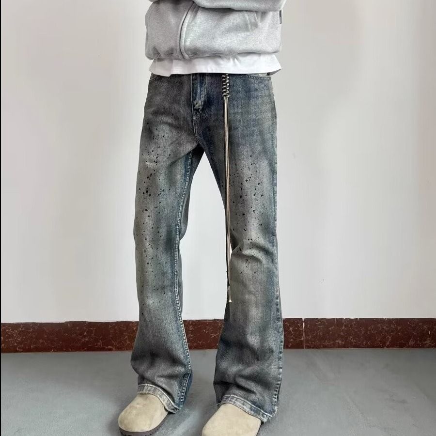 Men's Loose Straight Leg Trendy All Match Trousers Trendy Brand Paint Splash Ink Large Size Straight Jeans_mkmklike.com