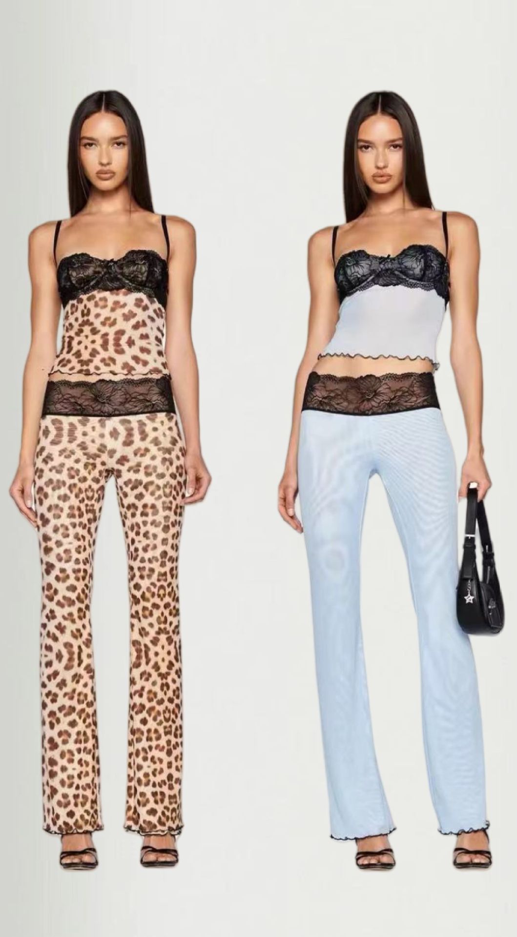 Women's Clothing Leopard print tops mesh see through lace tube top suspender trousers_mkmklike.com