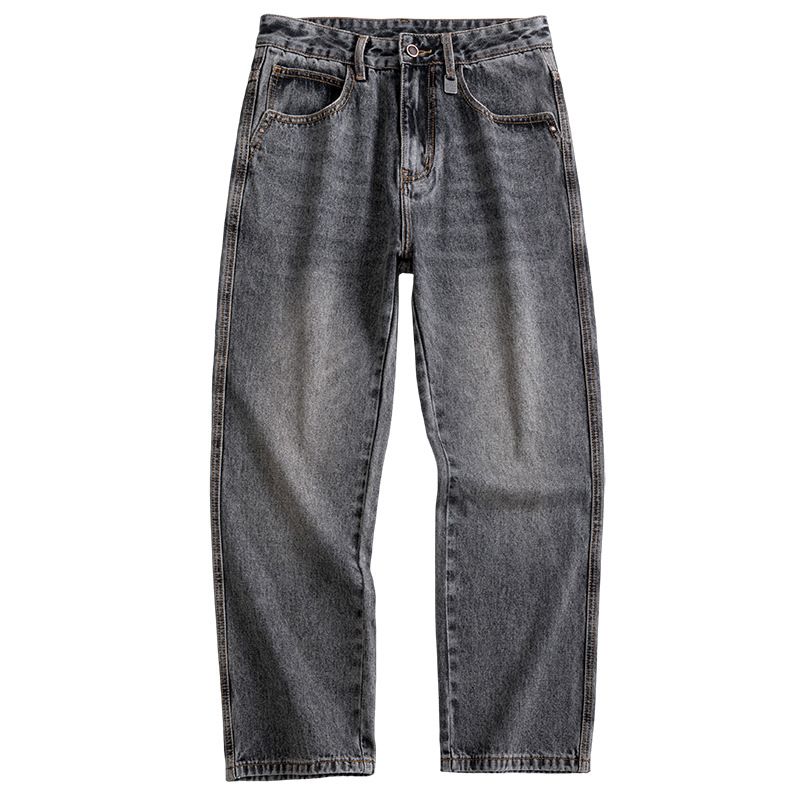 Vintage Washed Gray Denim Jeans For Men - Classic Straight Leg With Distressed Details (Sizes 28-40, American Retro Style)_mkmklike.com