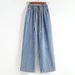 Plus-size Straight-leg Jeans Women, New Style For Plus-size Girls, Mid-waist, Loose Fit, Elastic Waist With Drawstring,_mkmklike.com