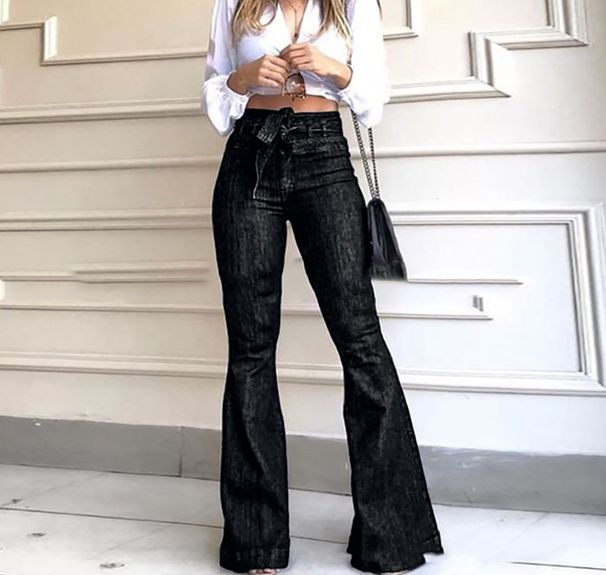 Women’s Clothing High Waist Micro Elastic Lace Up Flared Pants Wide Leg Pants Women's Jeans_mkmklike.com