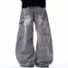 Unisex High Waist Vintage Washed Straight-Leg Jeans Relaxed Fit Distressed Details Grey S-3XL Men's Clothing Denim_mkmklike.com