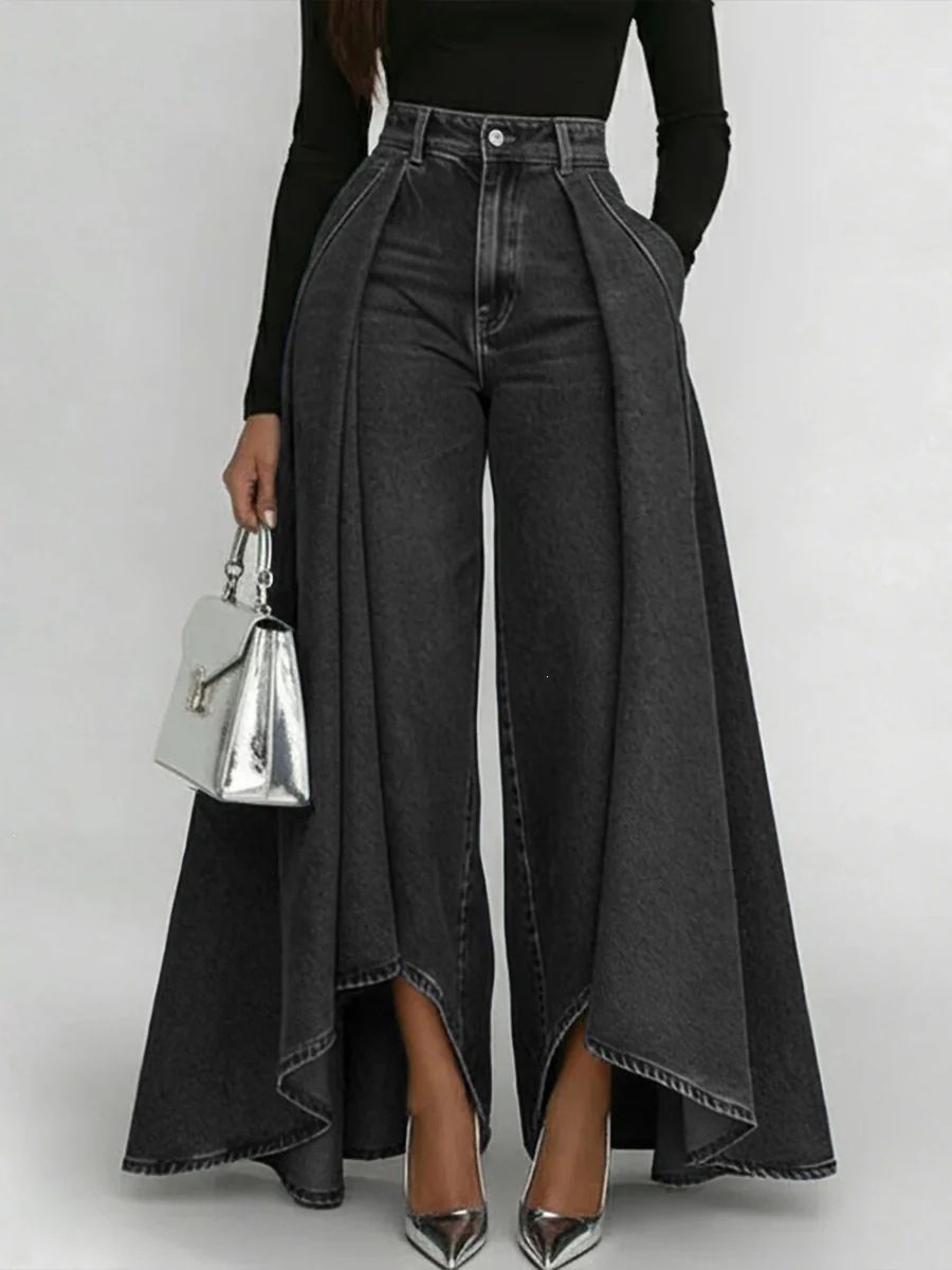 High Waisted Wide Leg Denim Jeans for Women Patchwork Washed Solid Color European And American Style Three Dimensional Pleated Trousers_mkmklike.com