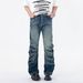 Vintage Button-Fly Distressed Jeans For Men & Women - Relaxed Straight Fit With Stacked Hem & Cracked Wash Design_mkmklike.com