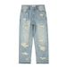 Pulse European And American High Hip-Hop Vibe Washed Blue Distressed Cat Whiskers Street Summer Straight-Leg Pants Loose Men's_mkmklike.com