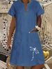 Women's Clothing Denim Dress Dark Blue Pocket Thin Mid Length V Neck Dress_mkmklike.com