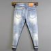 Vintage Light Wash Skinny Jeans For Men – Distressed Paint Splatter & Hand-Sanded Details (Slim Fit, Stretch Denim, Streetwear Essential)_mkmklike.com