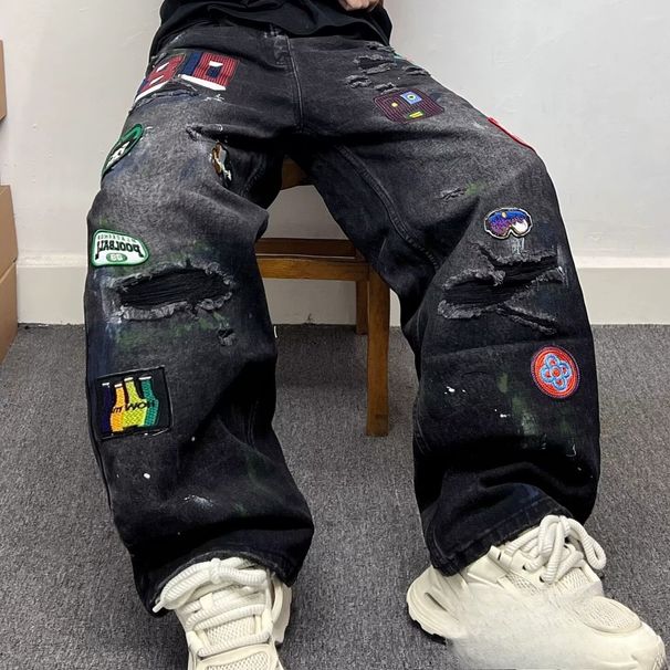 Ruffian Handsome Personality Splashing Ink Graffiti Black Fake Ripped Jeans Men's Trend Micro-chapter Design Wide-leg Trousers_mkmklike.com