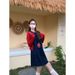 Chicco Hot-Selling Retro Round Neck Loose Short A-Line Pleated Denim Vest Dress + Red Hollow Knit Cardigan_mkmklike.com