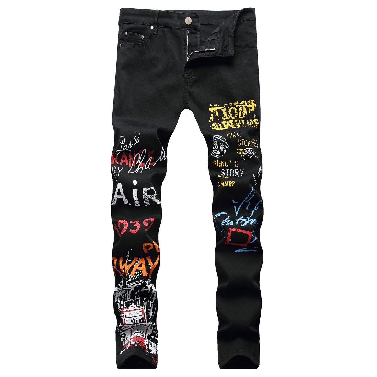 Men's Stretch Slim Fit Jeans – Urban Streetwear Black & White Printed Denim Pants (Sizes 28-42)_mkmklike.com