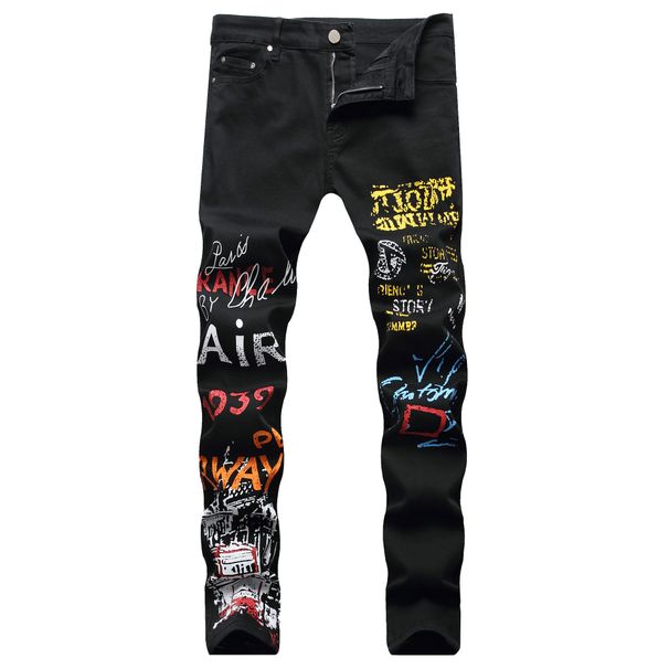 Men's Stretch Slim Fit Jeans – Urban Streetwear Black & White Printed Denim Pants (Sizes 28-42)_mkmklike.com