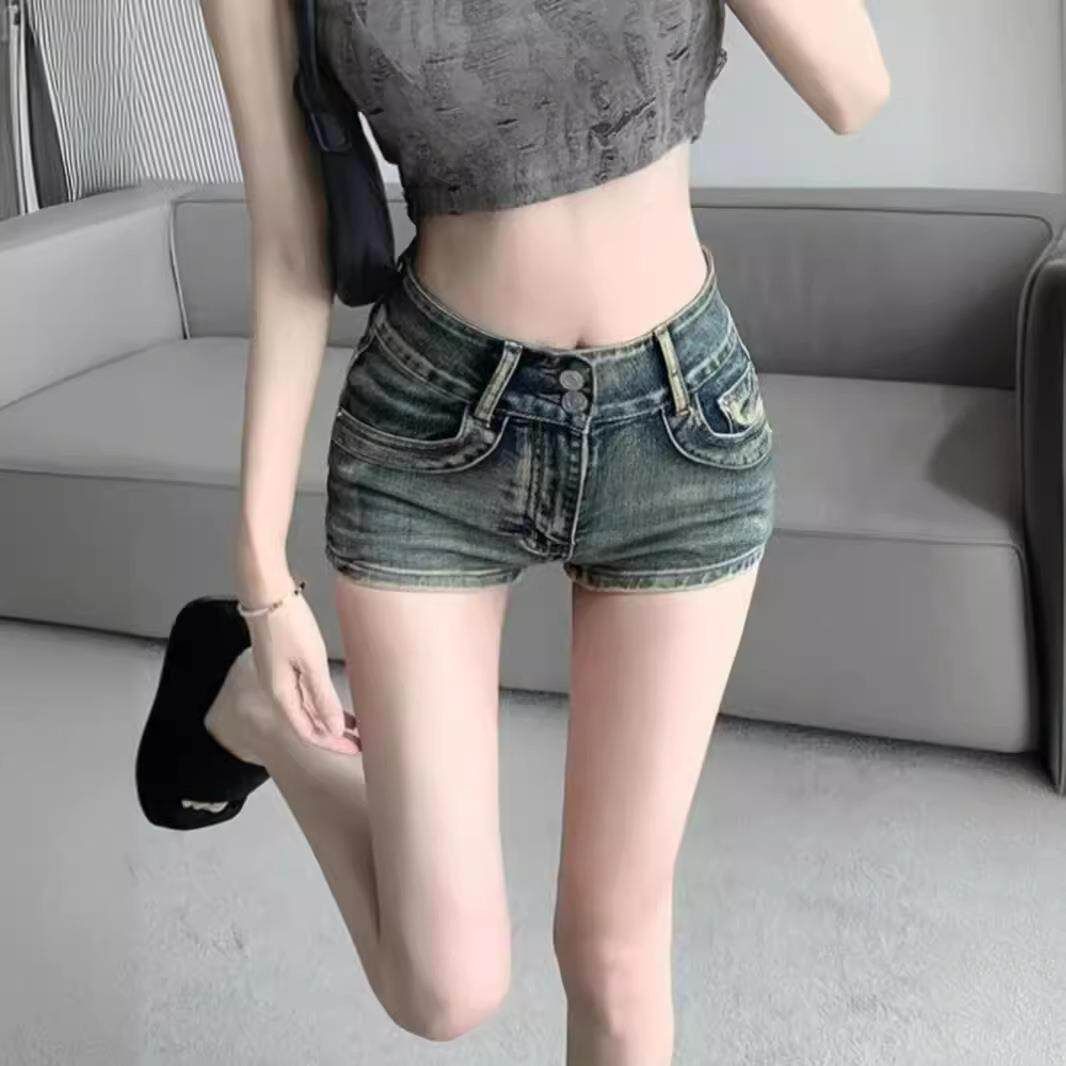 High-Waisted Retro Blue Denim Shorts for Women Sexy Tight Slimming A-Line Hot Pants American Trendy New Summer Style_mkmklike.com
