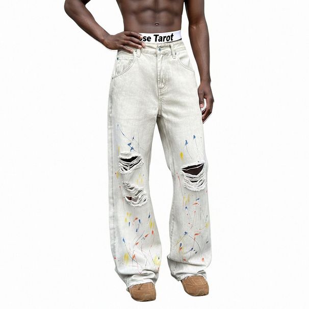 Men's White Distressed Jeans High Street Style Ripped Spray Painted Loose Straight Leg Long Pants From The Crotch_mkmklike.com