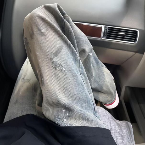 American High Street Ink Splashed Loose Jeans For Men In Early Autumn Wear High End Slim Fit Straight Pants_mkmklike.com