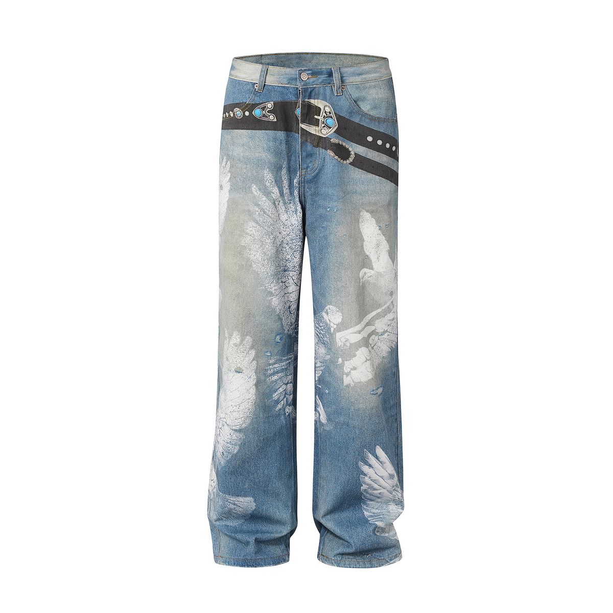Men's Clothing High Street Three Dimensional Cutting Washed Wide Leg Digital Printing Pattern Overalls Jeans_mkmklike.com