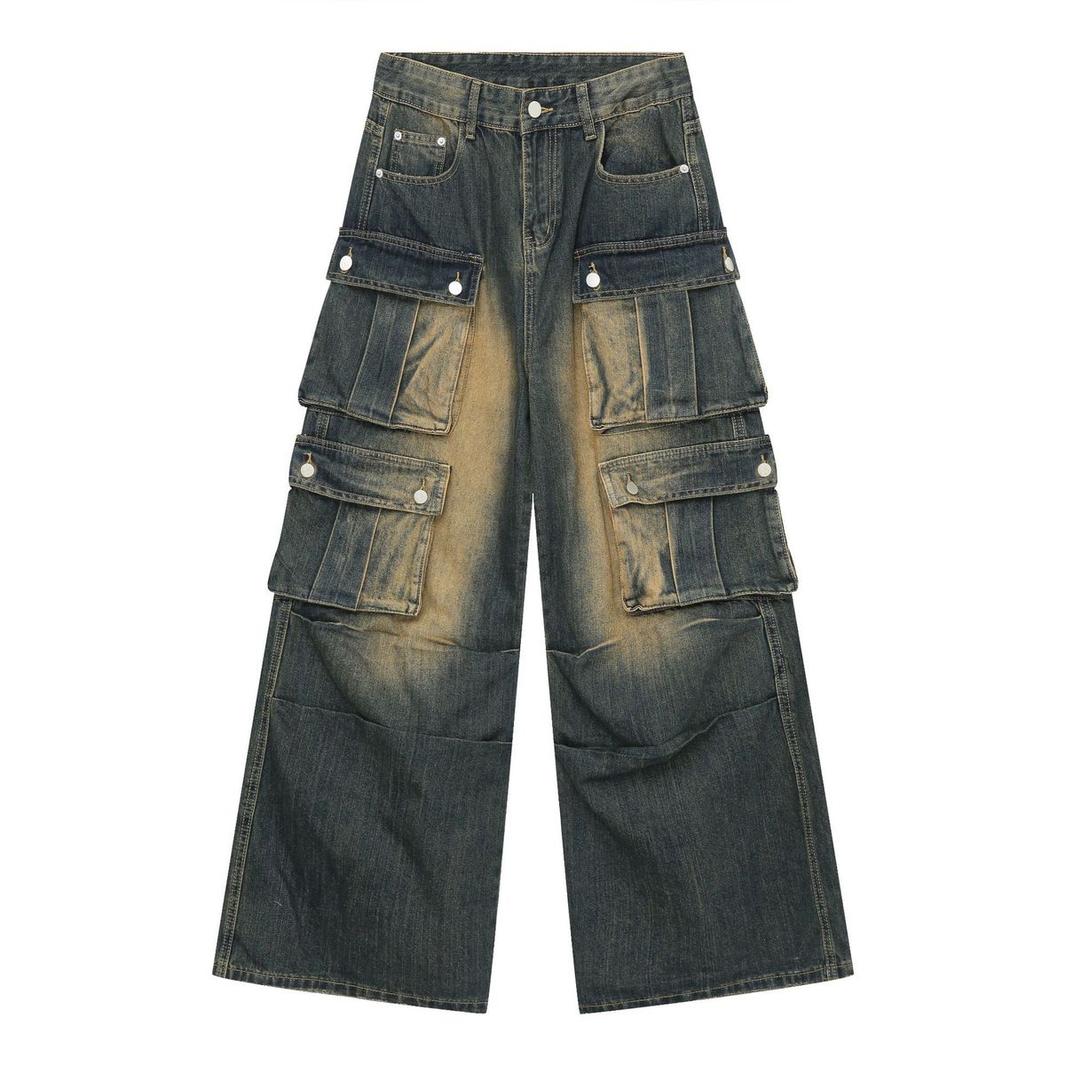 Nirben Vintage Workwear Jeans – Relaxed Fit Cargo Pants With Multi-Pocket Design & Washed Blue Denim (S-XXXL, Distressed Finish)_mkmklike.com