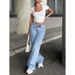 Blue Snowflake Wide Leg Long Hem Jeans Low Rise Small Size Women's Denim Trousers_mkmklike.com