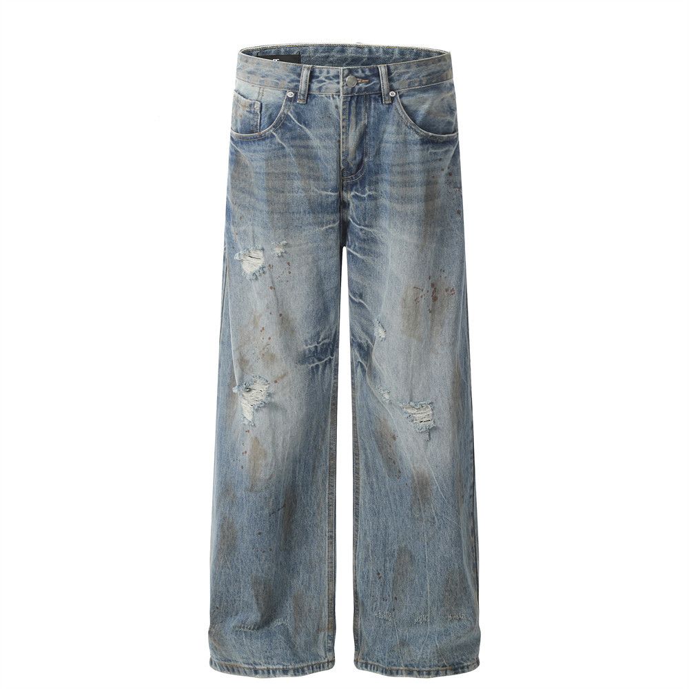 Punk Wasteland Style Ripped Dirty Jeans Men's Trendy High Street Washed Vintage Loose Wide-Leg Straight Long Pants_mkmklike.com