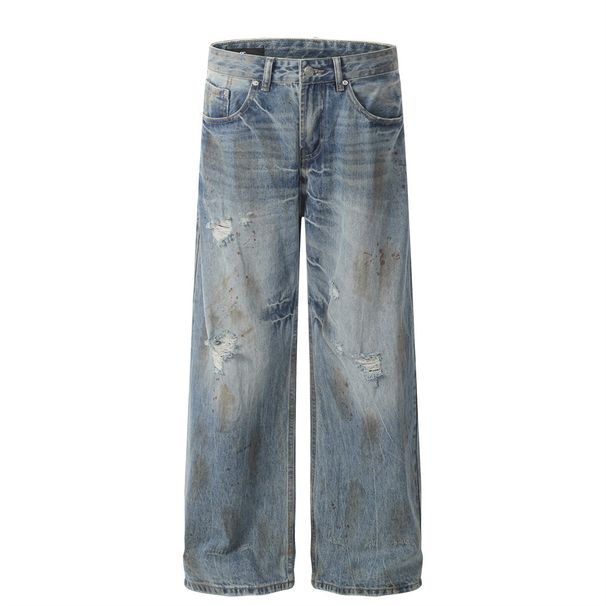 Punk Wasteland Style Ripped Dirty Jeans Men's Trendy High Street Washed Vintage Loose Wide-Leg Straight Long Pants_mkmklike.com