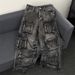 Men's Clothing High Street Heavy Washed Multi Pocket Workwear Jeans For Men And Women Loose American Straight Loose Wide Leg Mopping Trousers_mkmklike.com