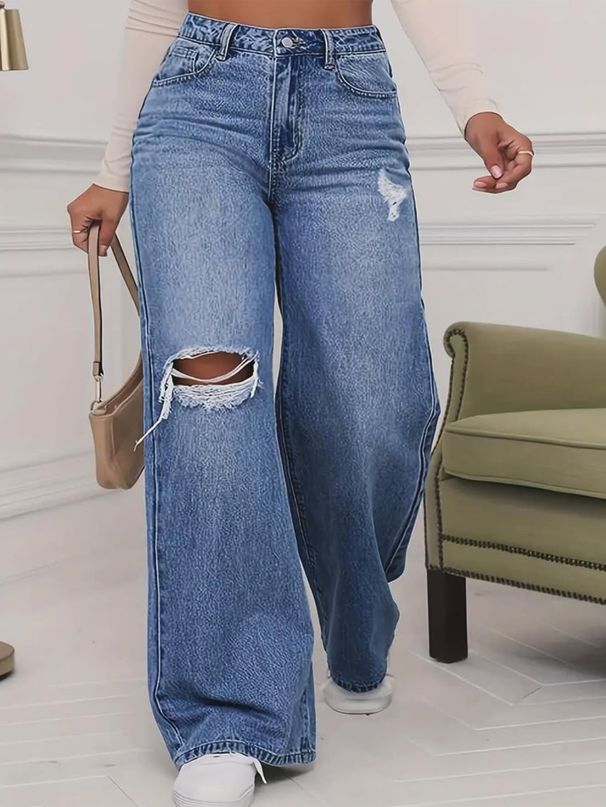 High Waist Wide Leg Jeans For Women – Distressed Denim Pants (90% Cotton, Spring Summer Casual, Relaxed Fit, Comfortable Stretch)_mkmklike.com