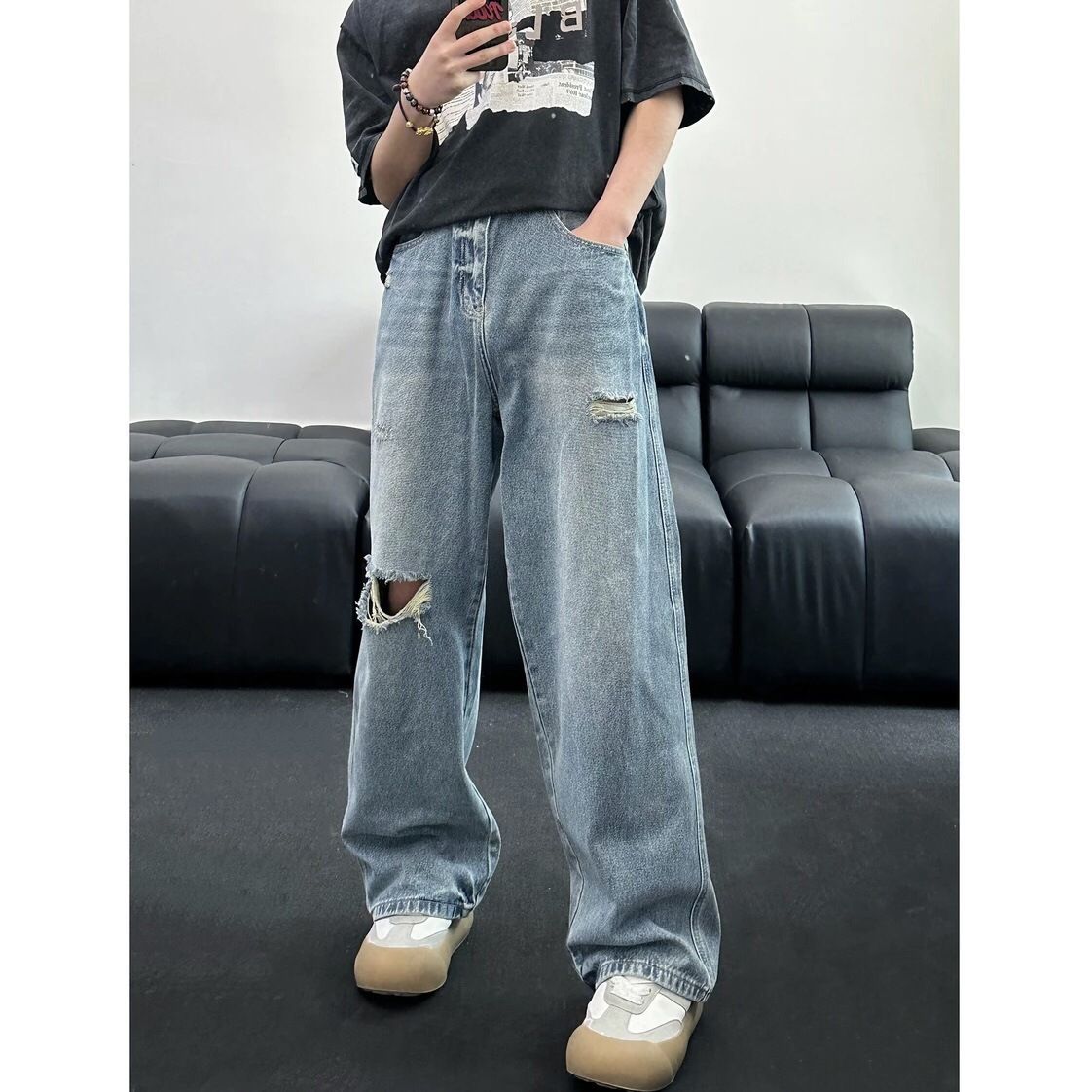 Men's Clothing Loose Washed Retro Straight Jeans Men's Wide Leg Trousers Summer_mkmklike.com