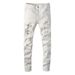 Men's Clothing Foreign Trade High Street Hole Patch Diamond Stretch White Jeans Men's Slim Pants Straight Denim Men's Trousers 625_mkmklike.com
