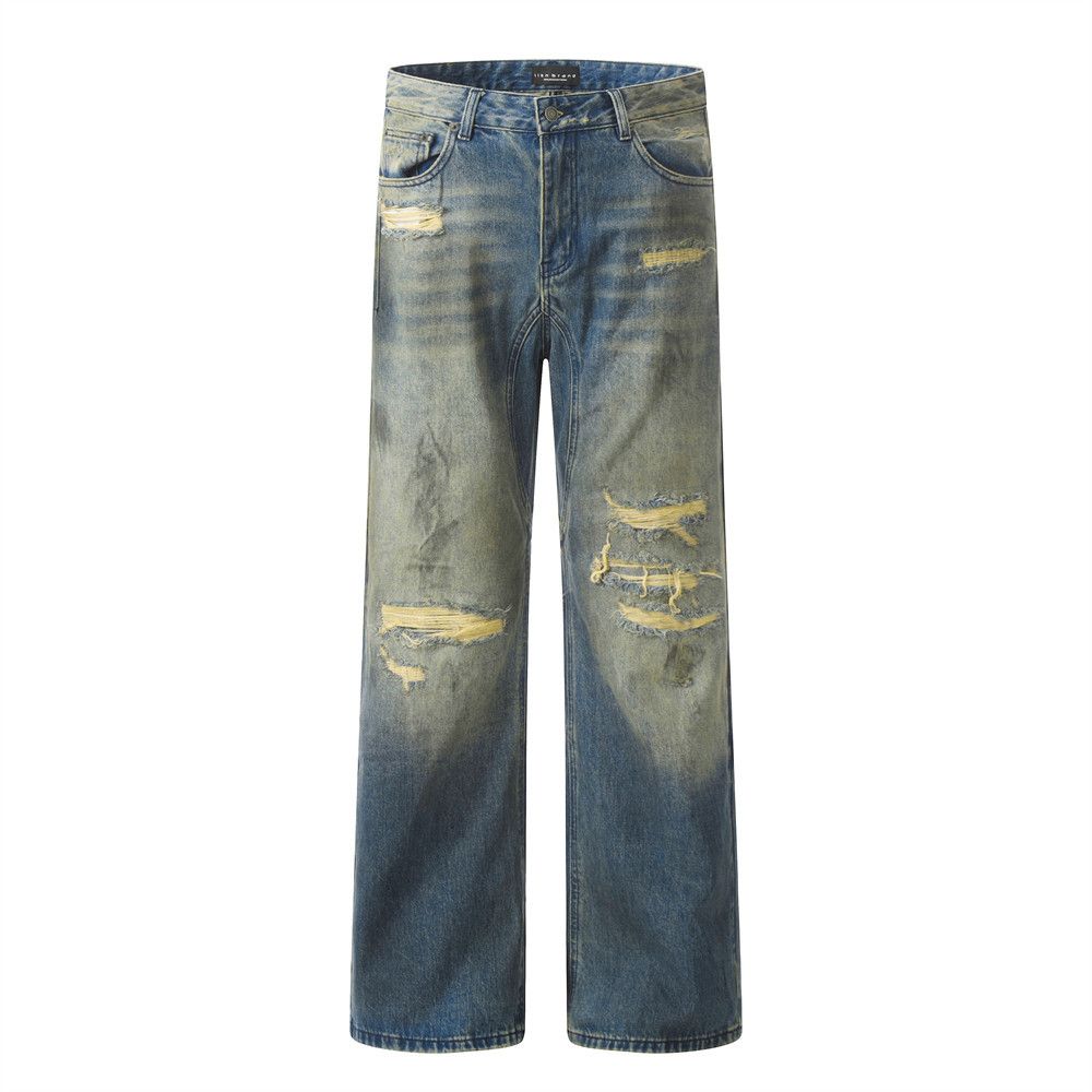 Post-apocalyptic Style Ripped Distressed Jeans Trendy Punk Frayed Washed Gradient Vintage Dirty Straight Long Pants For_mkmklike.com