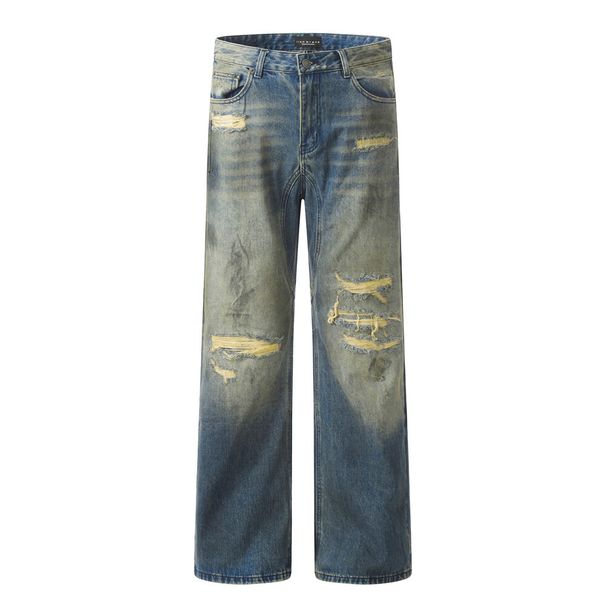 Post-apocalyptic Style Ripped Distressed Jeans Trendy Punk Frayed Washed Gradient Vintage Dirty Straight Long Pants For_mkmklike.com