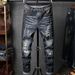 Men's Slim Fit Distressed Jeans - Stretch Denim Pants With Ripped & Patch Details, Korean Style Casual Streetwear (28-38, Black)_mkmklike.com