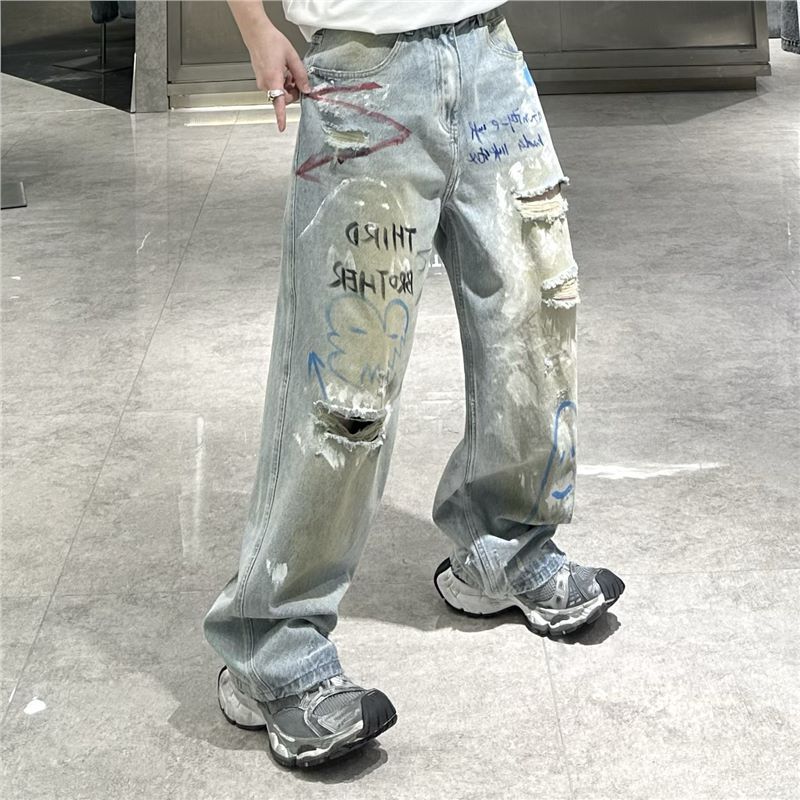Men's Streetwear Denim Pants – Oversized Distressed Jeans With Hand-Painted Graffiti & Vintage Washed Look (Light Blue, Straight Fit)_mkmklike.com