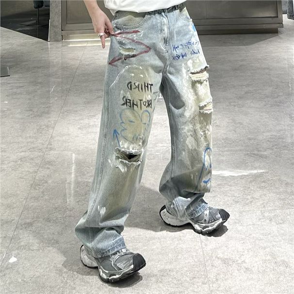 Men's Streetwear Denim Pants – Oversized Distressed Jeans With Hand-Painted Graffiti & Vintage Washed Look (Light Blue, Straight Fit)_mkmklike.com