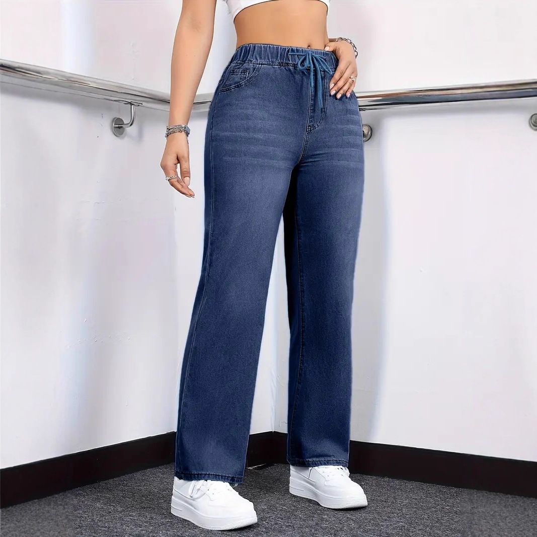 Women's Straight Leg Jeans Mid Rise Casual Style Elastic Waistband Stretch Fabric Drawstring_mkmklike.com