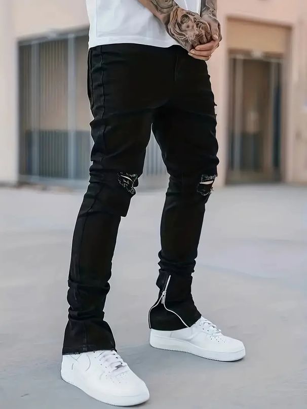 Men's High Quality Ripped Jeans Straight Leg Midweight Polyester Water Themed Style Open Hem 4 Colors Available_mkmklike.com