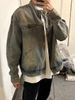 Men's Clothing Washed And Distressed Yellow Mud Dyed Retro Blue Zipper Denim Jacket Cool And Street Friendly Loose Versatile Jacket Top_mkmklike.com