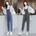 Chicco Denim Overalls For Female Students Korean Version New Loose Slimming Straight Jeans Stylish Shirt Two-Piece Set_mkmklike.com