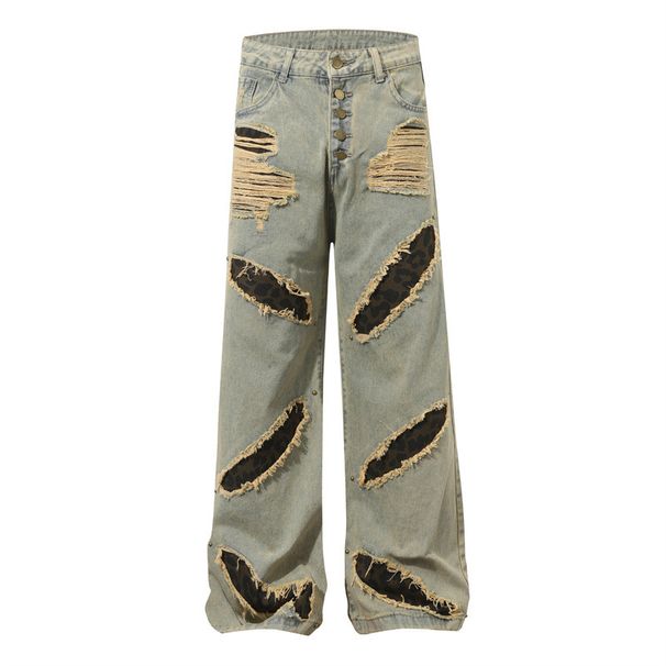Men's Clothing Wasteland Style Full Print Distressed Print Jeans American Street Style Ripped Design Cow Retro Wide Leg Mopping Pants_mkmklike.com