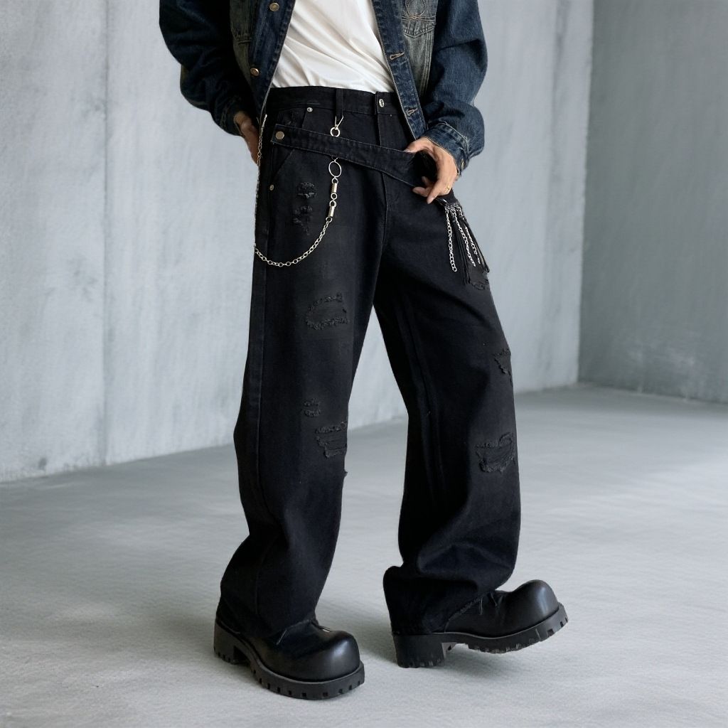 Men's Distressed Black Straight Leg Jeans - Casual Denim Pants With Hand-Painted Details For Teenagers & Young Adults_mkmklike.com