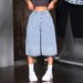 Light Blue Washed Cropped Denim Shorts for Women High Waisted Wide Leg Pants European American Style Rhinestone Embellished_mkmklike.com