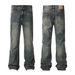 11Kn American Denim Street Trendy Men's Loose Straight With Worn-Out Feet, Washed Water Casual Wide Leg Pants_mkmklike.com