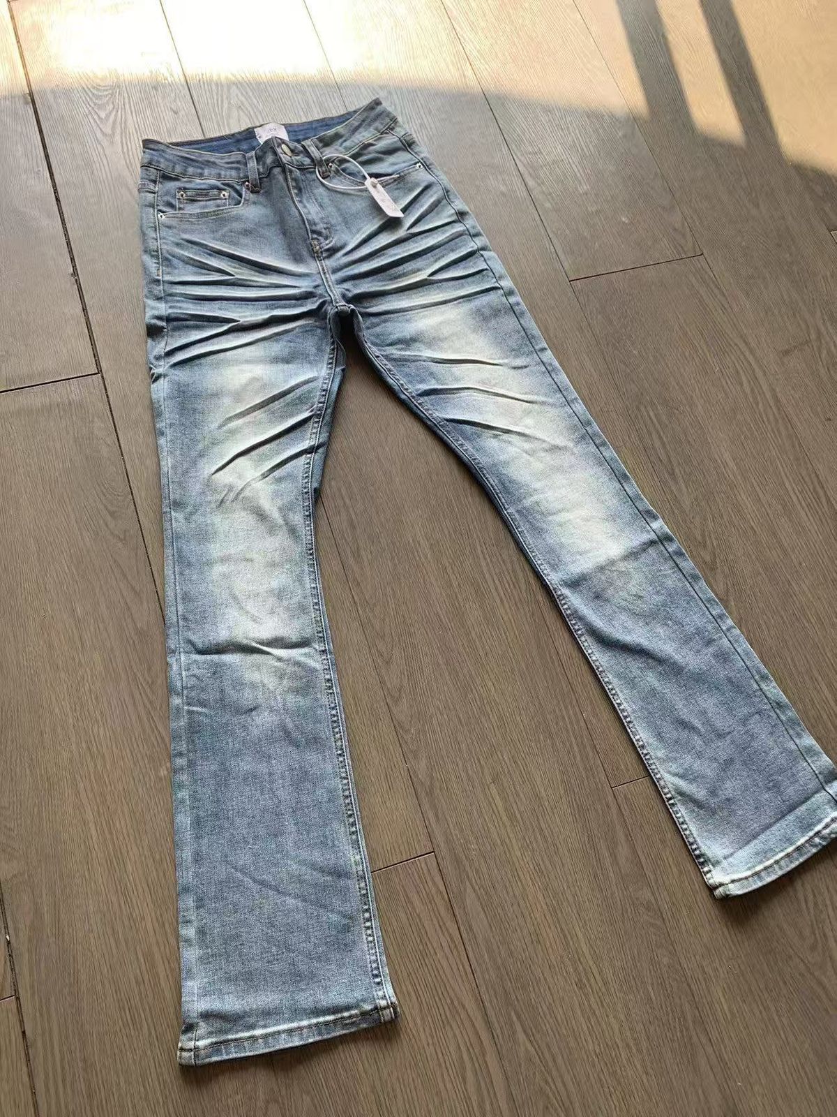 Men's Slim Fit Cleanfit Jeans With 3.0 Crinkle Blue Wash & Subtle Whiskering - Straight Leg Vintage Denim Pants For Casual Wear_mkmklike.com