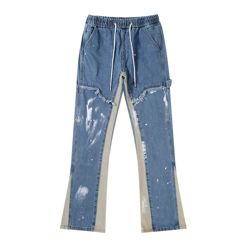 American High Street Paint Washed Jeans Men's Ins Hip Hop Slim Fit Flared Mopping Overalls Pants_mkmklike.com
