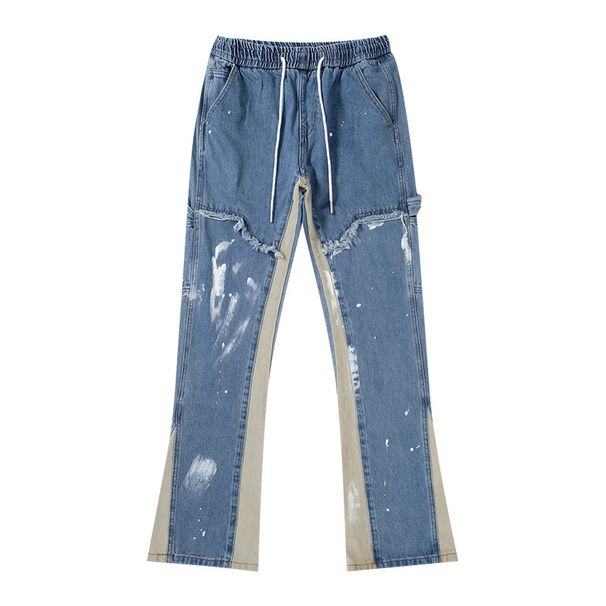 American High Street Paint Washed Jeans Men's Ins Hip Hop Slim Fit Flared Mopping Overalls Pants_mkmklike.com