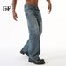 EF JEANS | 2024 New American High Street Washed Pattern Mid-fold Line Trend Loose Wide-leg Jeans Men_mkmklike.com
