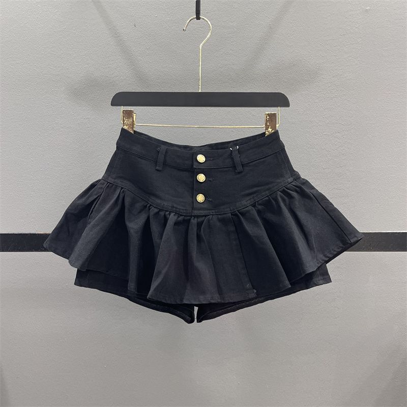 Black High Waist Single Breasted Layered Ruffled A Line Denim Skirt Bottoming Skirt Puffy Skirt For Women_mkmklike.com