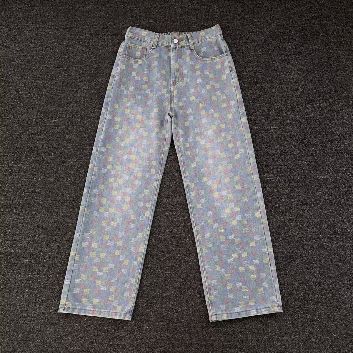 Light Blue Jacquard Print Jeans For Men - High Waist Straight Leg With Subtle Flare & Vintage Wash (Sizes S-3XL)_mkmklike.com