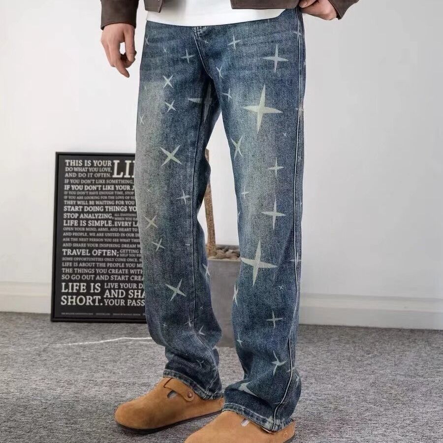 Men's Vintage Distressed Jeans, Streetwear Baggy Denim Pants With Graphic Print, Loose Fit High Waist Straight Leg For Casual & Urban Style_mkmklike.com