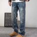 Men's Vintage Distressed Jeans, Streetwear Baggy Denim Pants With Graphic Print, Loose Fit High Waist Straight Leg For Casual & Urban Style_mkmklike.com